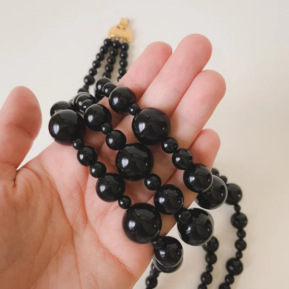 Vintage Monet Black Ball Round Beaded Multi Strand Statement Bib Necklace - Picture 11 of 12